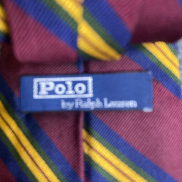 POLO RALPH LAUREN Men’s Repp Silk Tie Burgundy/Blue/Gold/Green Striped 🇮🇹 Made - Picture 3 of 4